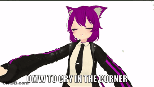 A Cartoon Girl With Purple Hair And A Cat Ear Says " Omw To Cry In The Corner " GIF