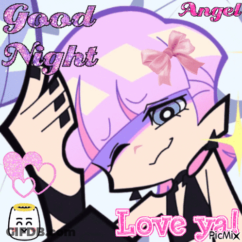 A Cartoon Girl With Purple Hair And A Pink Bow Says Good Night And Love Ya GIF
