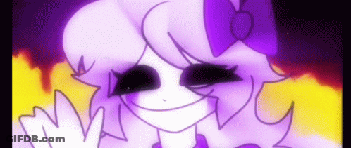 A Cartoon Girl With Purple Hair And A Purple Bow Is Smiling And Giving A Peace Sign . GIF