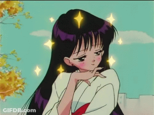 A Cartoon Girl With Purple Hair And A Red Bow Tie Is Standing In Front Of A Tree With Leaves . GIF