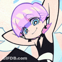 A Cartoon Girl With Purple Hair And Blue Eyes Is Smiling GIF
