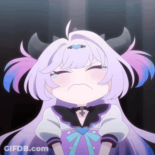 A Cartoon Girl With Purple Hair And Horns Is Making A Sad Face GIF