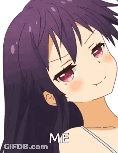 A Cartoon Girl With Purple Hair And Red Eyes Is Smiling And Says Me GIF