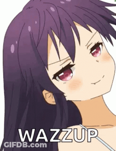 A Cartoon Girl With Purple Hair And Red Eyes Is Smiling And Says Wazzup . GIF