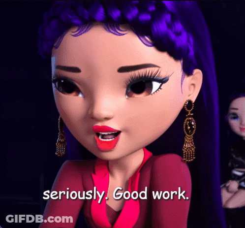 A Cartoon Girl With Purple Hair And Red Lips Says Seriously Good Work GIF
