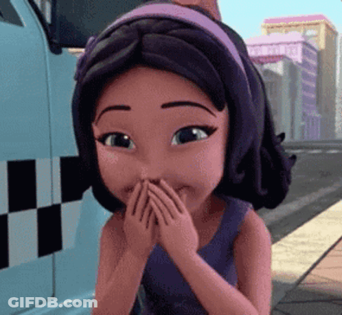 A Cartoon Girl With Purple Hair Is Covering Her Mouth With Her Hands . GIF