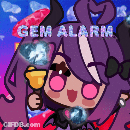 A Cartoon Girl With Purple Hair Is Holding A Bell And The Words Gem Alarm Are Above Her GIF