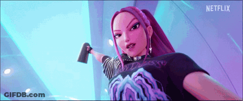 A Cartoon Girl With Purple Hair Is Holding A Spray Bottle In Her Hand . GIF
