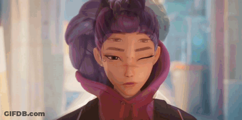 A Cartoon Girl With Purple Hair Is Making A Funny Face While Wearing A Red Hoodie . GIF