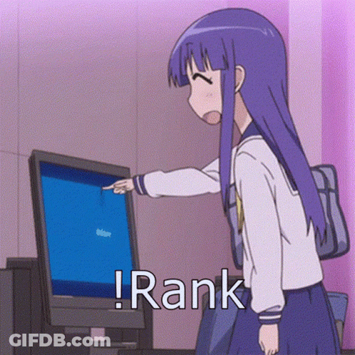 A Cartoon Girl With Purple Hair Is Pointing At A Computer Screen And Saying `` Rank '' . GIF