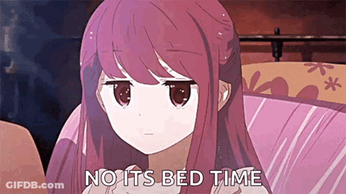 A Cartoon Girl With Purple Hair Is Sitting On A Bed And Says No Its Bed Time GIF