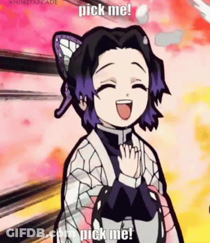 A Cartoon Girl With Purple Hair Is Smiling And Saying Pick Me ! GIF