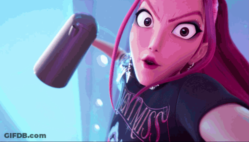 A Cartoon Girl With Purple Hair Is Wearing A Black Shirt That Says " You Miss " On It GIF