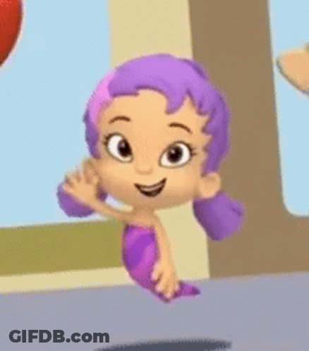 A Cartoon Girl With Purple Hair Is Wearing A Purple Mermaid Costume . GIF