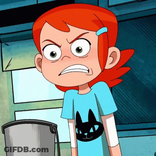 A Cartoon Girl With Red Hair And A Blue Shirt With A Cat On It GIF