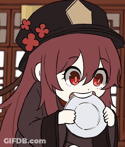 A Cartoon Girl With Red Hair And Red Eyes Is Holding A Plate In Her Hands GIF