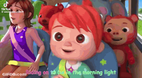 A Cartoon Girl With Red Hair Is Riding On A Train With Monkeys . GIF