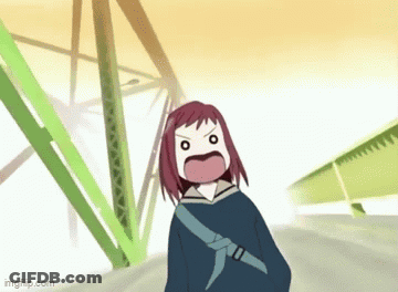 A Cartoon Girl With Red Hair Is Standing In Front Of A Bridge With Her Mouth Open . GIF
