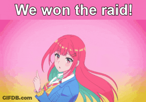 A Cartoon Girl With Red Hair Is Standing In Front Of A Sign That Says We Won The Raid GIF
