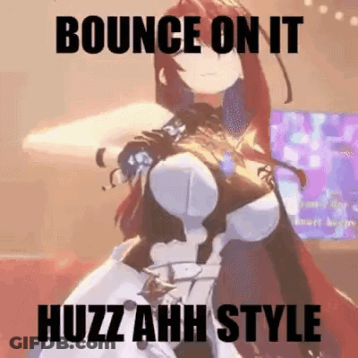 A Cartoon Girl With Red Hair Is Standing In Front Of A Television With The Words `` Bounce On It Huzzahh Style '' . GIF