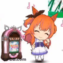 A Cartoon Girl With Red Hair Is Standing Next To A Jukebox . GIF