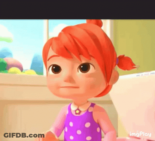 A Cartoon Girl With Red Hair Is Wearing A Purple Polka Dot Dress And A Pink Shirt . GIF