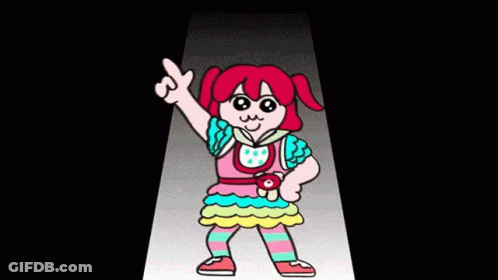 A Cartoon Girl With Sprinkles On Her Hair Is Pointing Upwards GIF