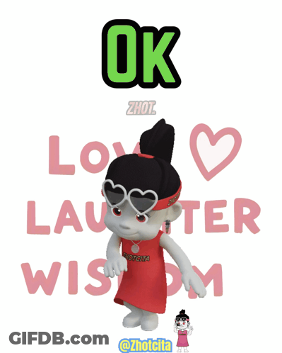 A Cartoon Girl With Sunglasses And A Red Dress Says Ok GIF