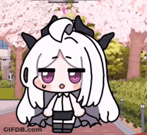 A Cartoon Girl With White Hair And Black Horns Is Sitting In A Chair . GIF