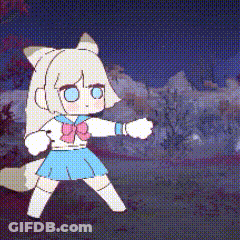 A Cartoon Girl With White Hair And Blue Eyes Is Standing In Front Of A Snowy Mountain . GIF