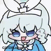 A Cartoon Girl With White Hair And Blue Eyes Is Wearing A Blue Shirt And A White Bow . GIF