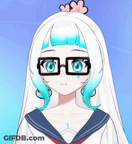A Cartoon Girl With White Hair And Blue Eyes Wearing Glasses GIF