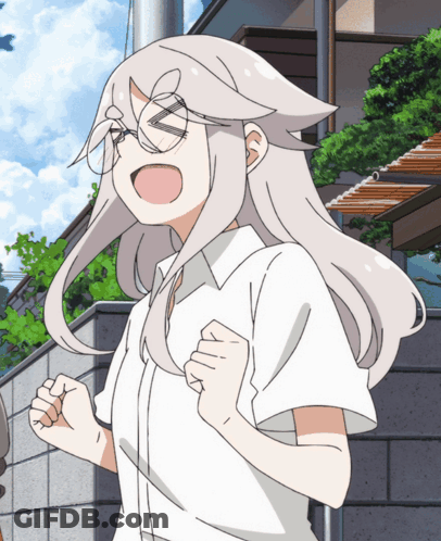 A Cartoon Girl With White Hair And Glasses Is Running GIF