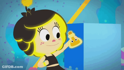 Cartoon Girl With Yellow Hair Holding Glowing Bottle GIF