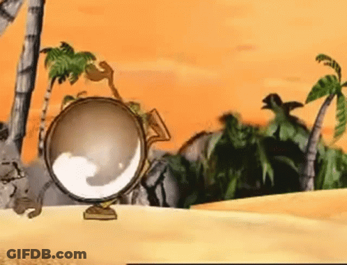 A Cartoon Globe Is Sitting On A Sandy Beach Surrounded By Palm Trees . GIF