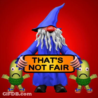 A Cartoon Gnome Holding A Sign That Says That 'S Not Fair GIF