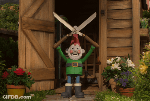 A Cartoon Gnome Is Holding A Pair Of Hedge Clippers Over His Head GIF