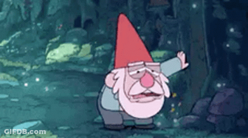 A Cartoon Gnome With A Beard And A Red Hat Is Dancing In A Forest . GIF