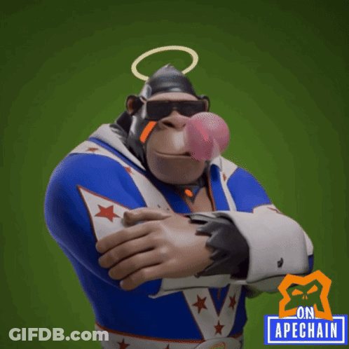 Cartoon Gorilla Blowing Pink Bubble Next To Apechain Sign GIF