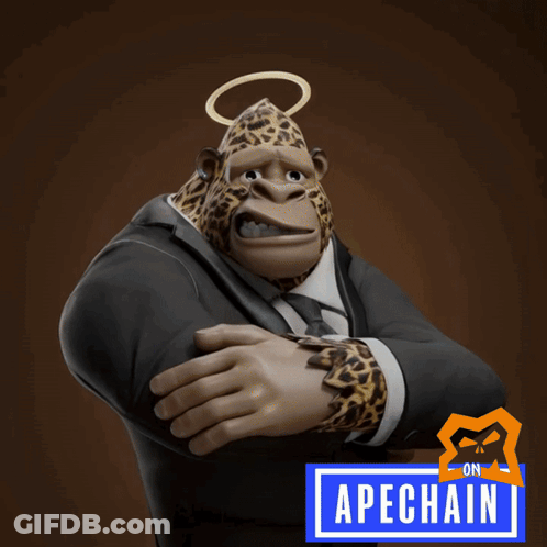 Cartoon Gorilla In Suit With Apechain Logo GIF