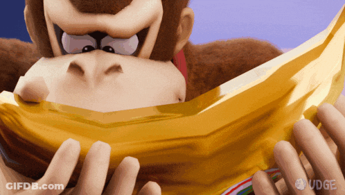A Cartoon Gorilla Is Holding A Banana With The Word Udge On The Bottom GIF