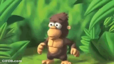 A Cartoon Gorilla Is Standing In The Middle Of A Lush Green Forest . GIF