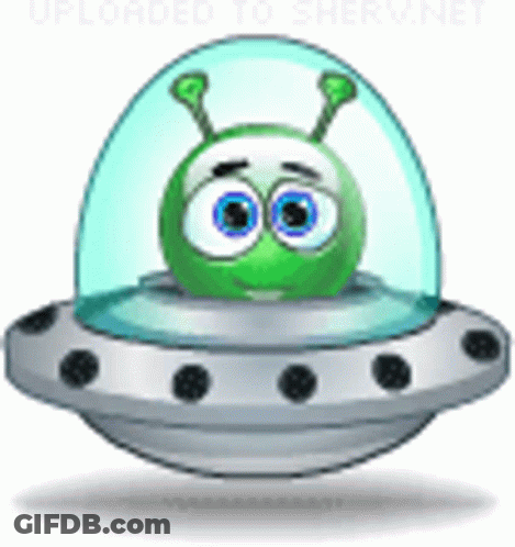 A Cartoon Green Alien Is Flying In A Spaceship . GIF