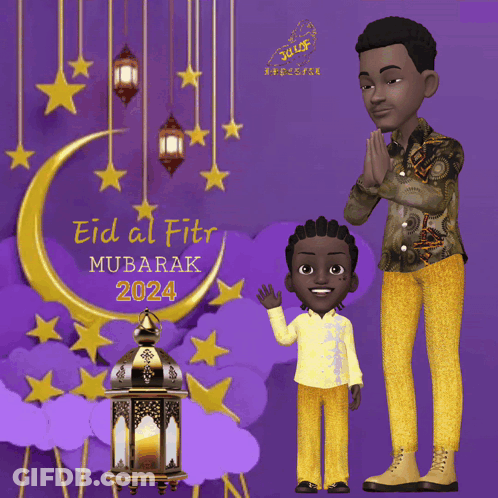A Cartoon Greeting Card For Eid Al Fitr With A Crescent Moon And Stars GIF