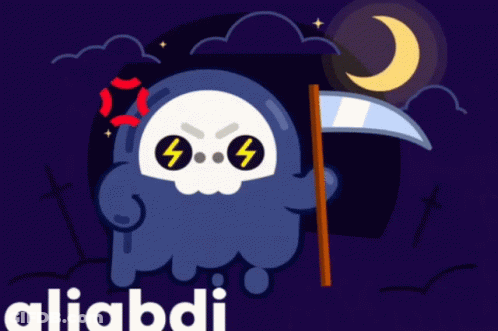 A Cartoon Grim Reaper Holding A Scythe With The Word Aliabdi On The Bottom GIF