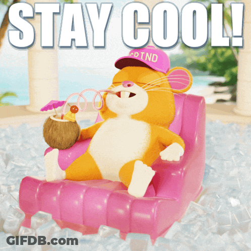 A Cartoon Hamster Is Sitting In A Pink Chair Holding A Coconut Drink And Wearing A Pink Hat That Says Adtnd GIF