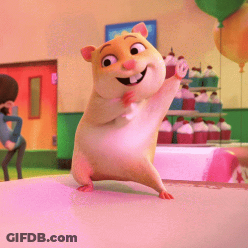 A Cartoon Hamster Is Standing On A Table In Front Of Cupcakes And Balloons GIF
