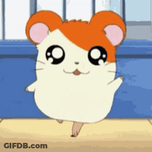 A Cartoon Hamster Is Standing On A Table With Its Paws Up . GIF