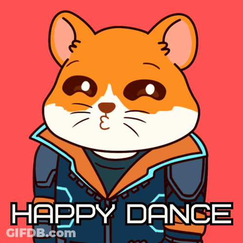 A Cartoon Hamster Is Wearing A Jacket And Says " Happy Dance " GIF
