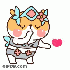 A Cartoon Hamster Wearing A Bikini And A Flower Crown Is Standing Next To A Pink Heart . GIF